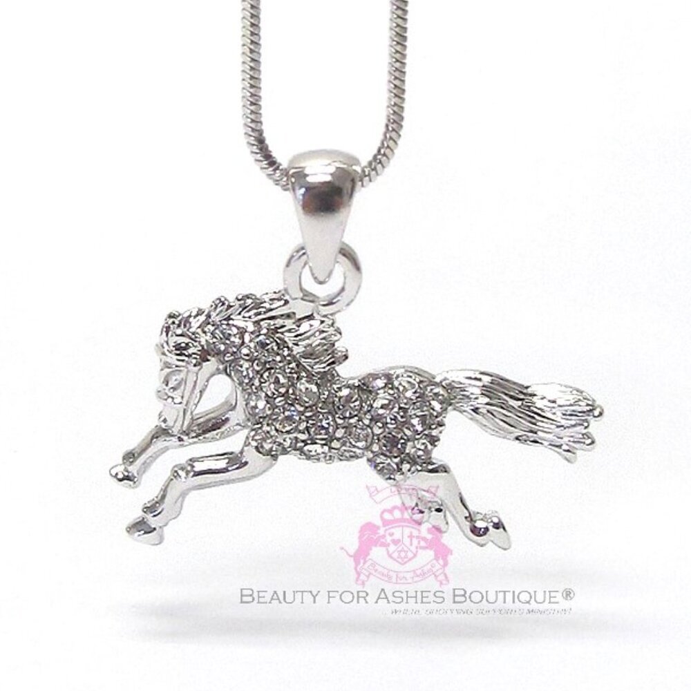 Miniature Galloping Arabian Horse Clear Crystal Charm Necklace